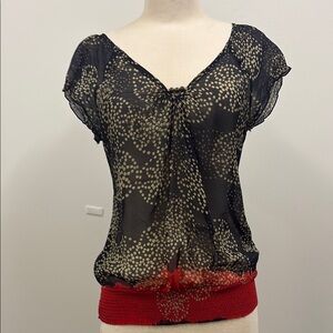 Elegant Black, Gold Red, Sheer Women's Top. Size Medium